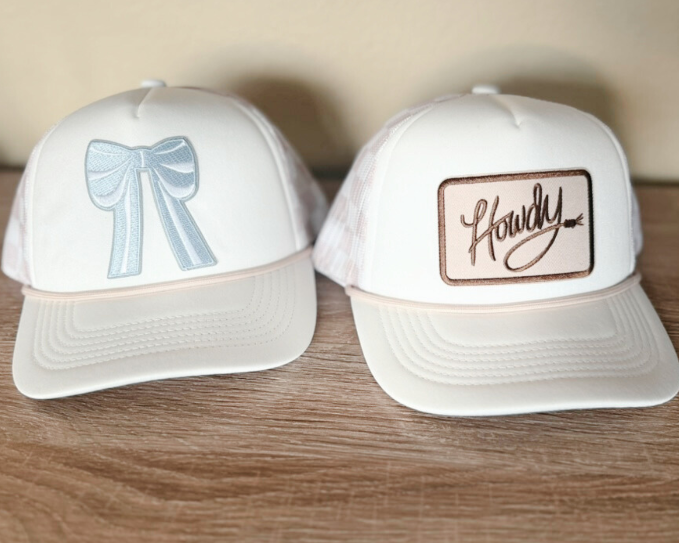 HOWDY on Neutral Hat - Checkered Mesh Trucker Hat