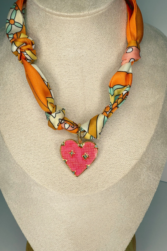 Charm Necklace Scarf - Western, Pink Detailed Heart