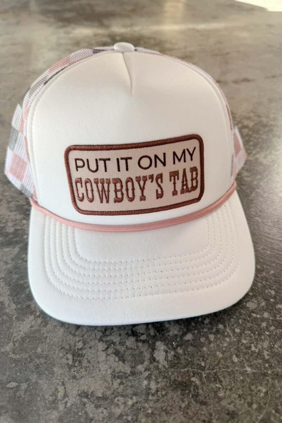 PUT IT ON MY COWBOY'S TAB // Embroidered Patch on Checkered Hat