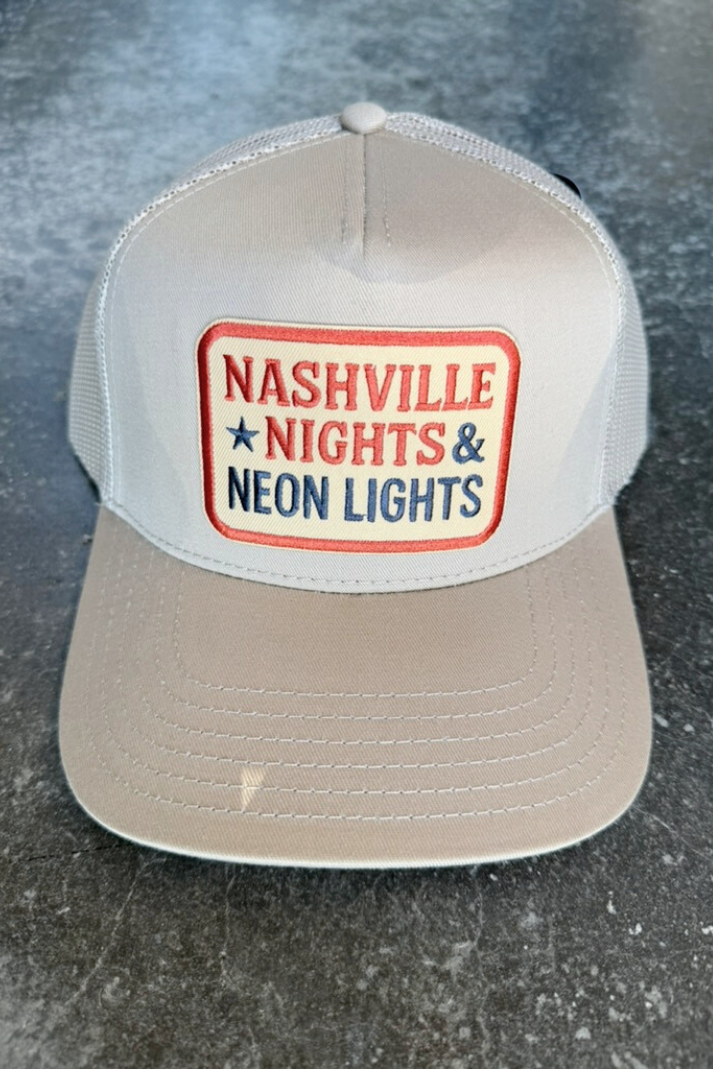 Nashville Nights & Neon Lights Embroidered Patch on Structured Trucker Hat