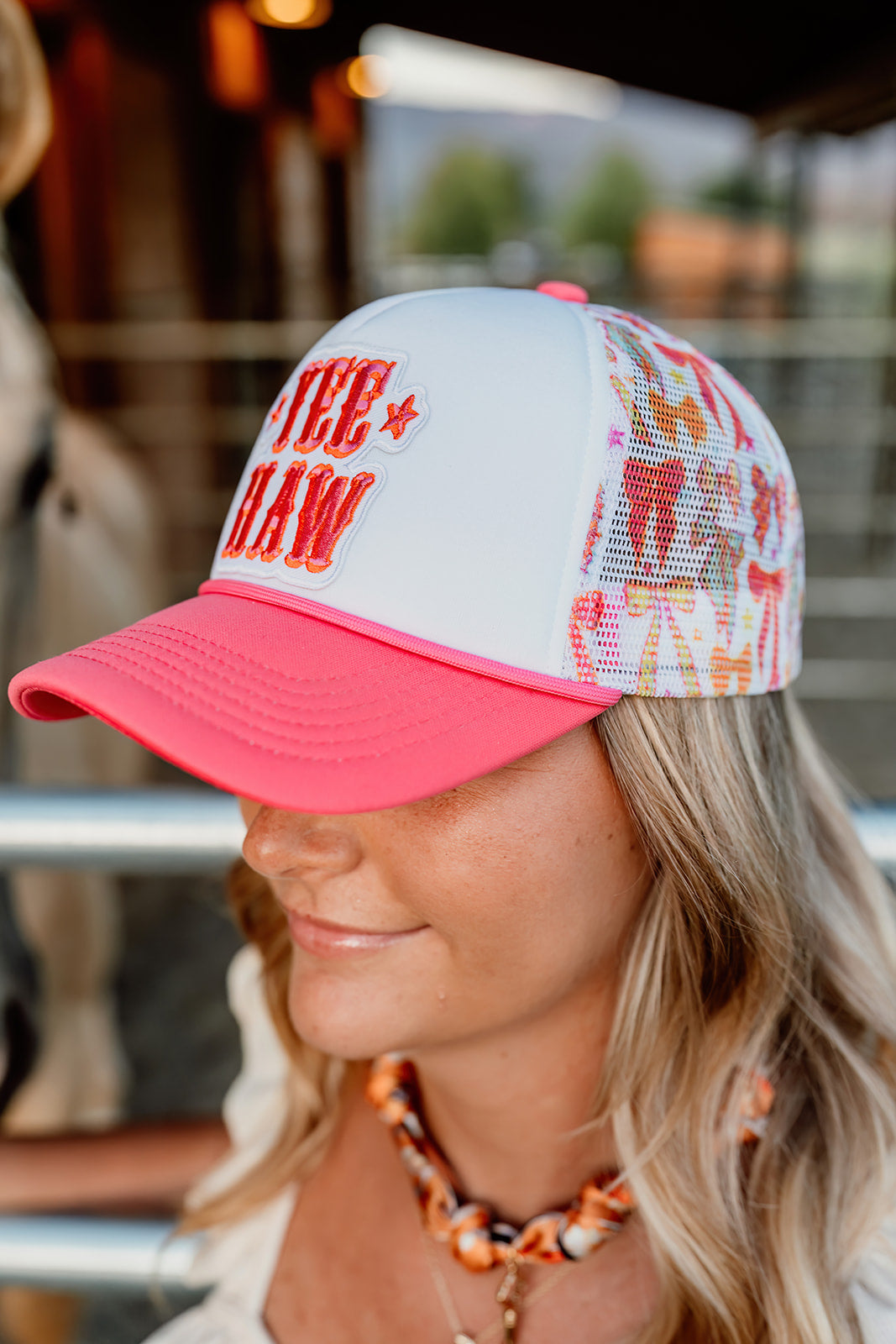 YEE HAW in Pink - Embroidered  Patch on Trucker Hat